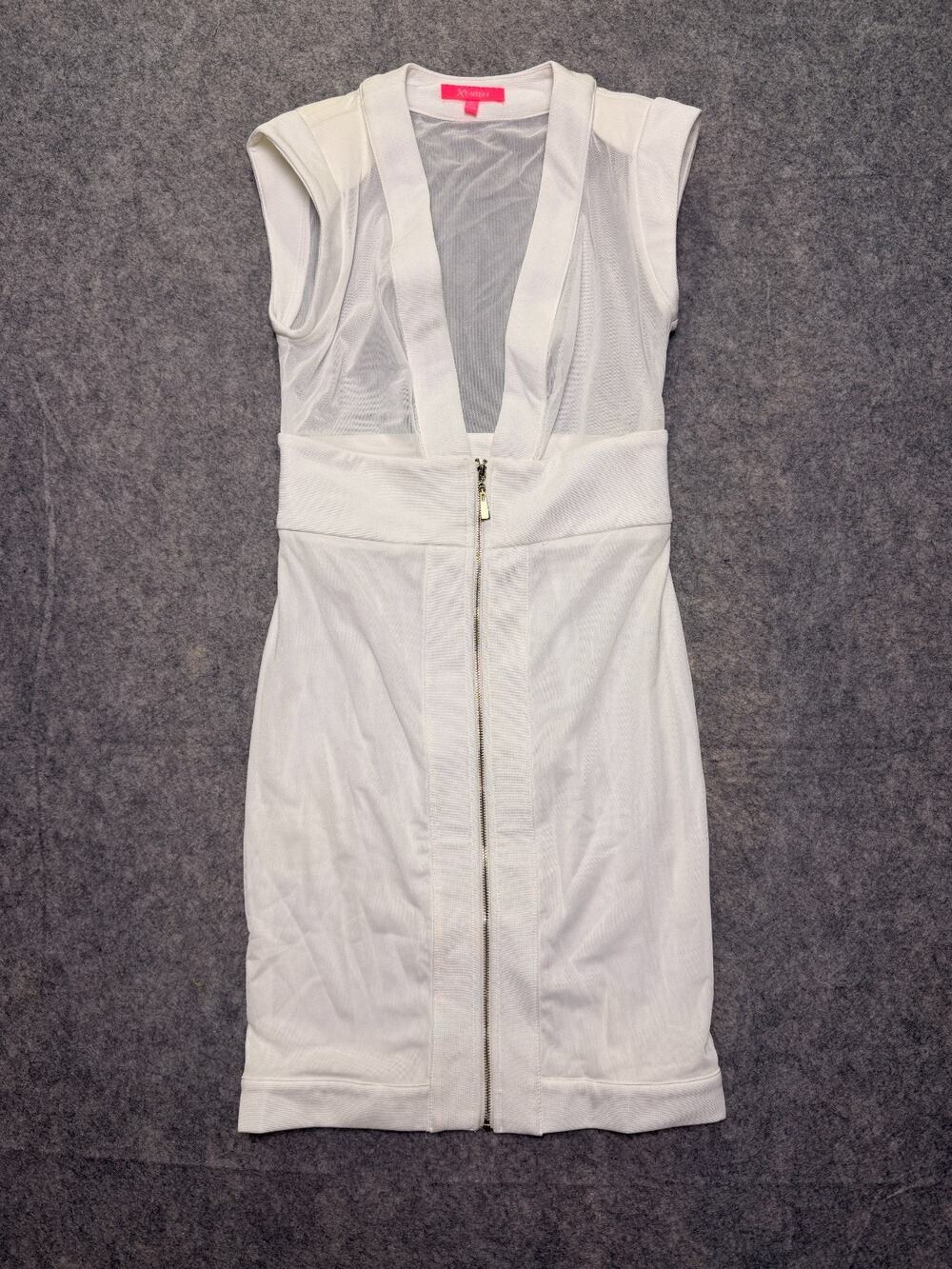Womens S White Mesh Plunge V Neck Bandage Bodycon Zip Front Mini Dress Xtaren